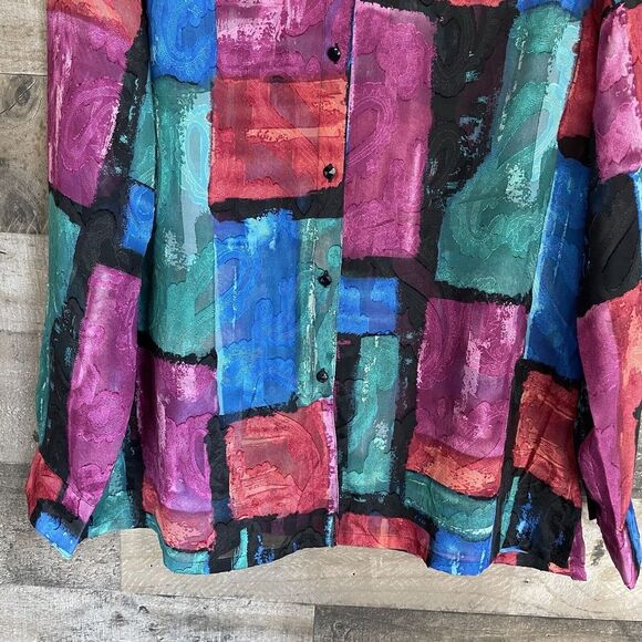 Vtg Clothes Womens Button Front Shirt Size XL Semi Sheer Colorful Paisley Blocks - Picture 3 of 5